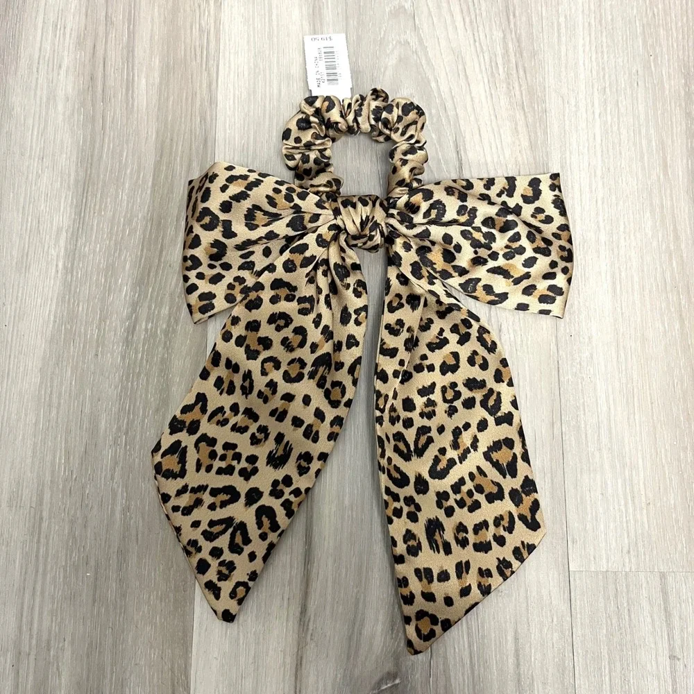 J. Crew Tan Leopard Print Satin‎ Bow Scrunchie Tie in One Size NWT